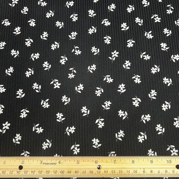 Rib Knit Fabric, Ditsy White Floral Print w/ Black Base, 2x2 Rib, Fabric by the 1/2 Yard, Yard, Sample, 4 Way Stretch
