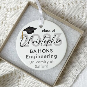 Personalised University Graduation Sign | Ceramic Hanging Ornament for Graduate, Congratulations Passing Uni Gift
