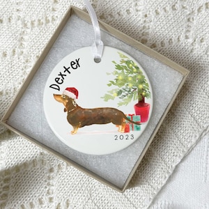 Dachshund Dog Bauble, Personalised Christmas Dog Decoration for Sausage Dog, Various Colour Choices