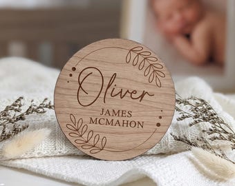 Baby Name Announcement - Wooden Sign with Personalised, New Baby Arrival Plaque, Social Media Reveal | Photography Prop