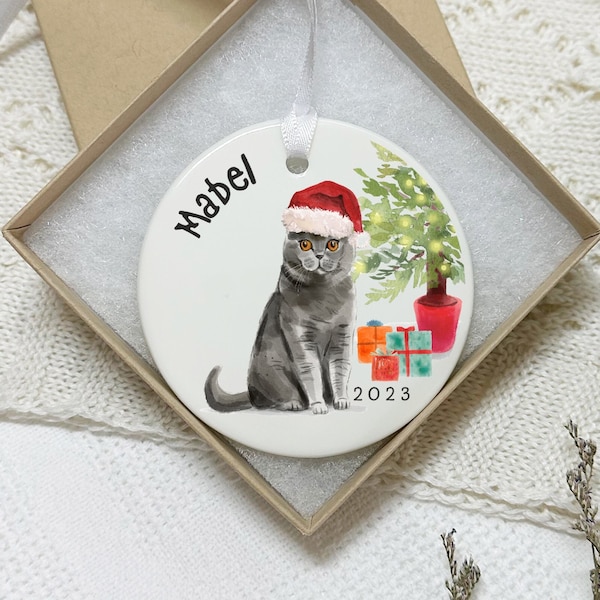 British Shorthair Cat Christmas Bauble, Black Cat Breed Decoration, Personalised with Cat Name