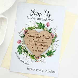 Save The Date Wedding Magnets, Save The Date Cards with Envelopes, Rustic Wooden Heart Fridge Magnets for Wedding, Save The Evening