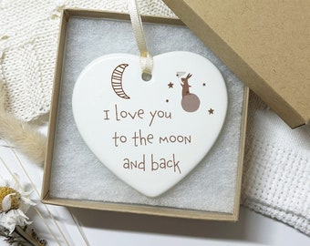 Love You To The Moon And Back, Ceramic Hanging Heart, Optional Gift Box, Gift for Friend, Gift for Family, Love You Gift
