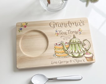 Grandmas Tea & Biscuits Serving Board, Personalised Wooden Drink Tray, Gift for Nanna Granny Nan