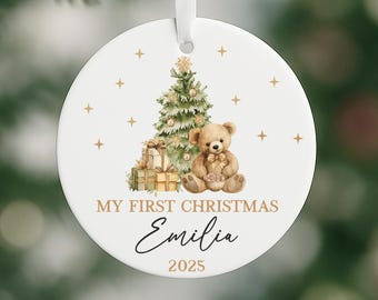 Baby's First Christmas Teddy Bear Bauble | Personalised Xmas New Arrival Ceramic Hanging Tree Decoration | Custom Colours, Name