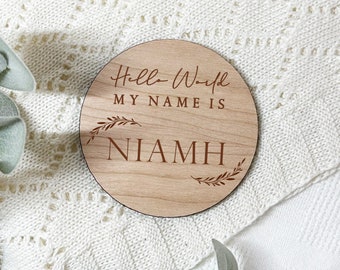 Baby Name Announcement - Wooden Sign with Personalised Engraving, New Baby Hello World Plaque, Social Media Reveal | Photography Prop