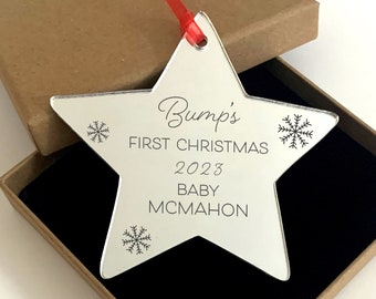 Baby Bump Christmas Bauble, Personalised Xmas Decoration for Parents to be, Engraved Pregnancy Bump Star, Baby Bump 2023