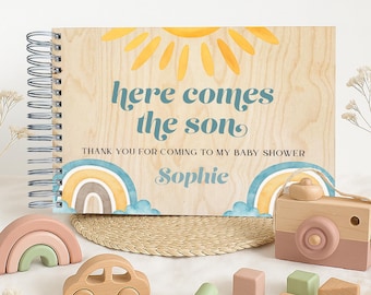 Boho “Here Comes the Son” Baby Shower Guest Book – Personalised Sunshine Theme Keepsake for Mum to Be - Wooden Photo Book