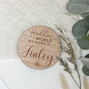 Baby Name Announcement - Wooden Sign with Personalised Engraving, New Baby Hello World Plaque, Social Media Reveal | Photography Prop