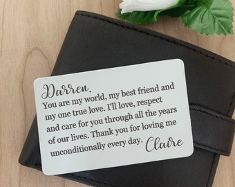 Handmade Personalised Gift for Him, Custom Name Wallet Insert Card Love You Gift for Boyfriend Husband, Engraved Leather, Personalised Card