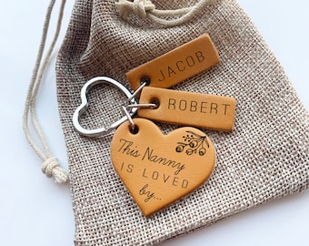 Nanny Keyring Gift, Personalised Gift for Nan, Engraved Leather Keychain, Mothers Day Gift for Nanny or Grandma, Gift from Grandchildren