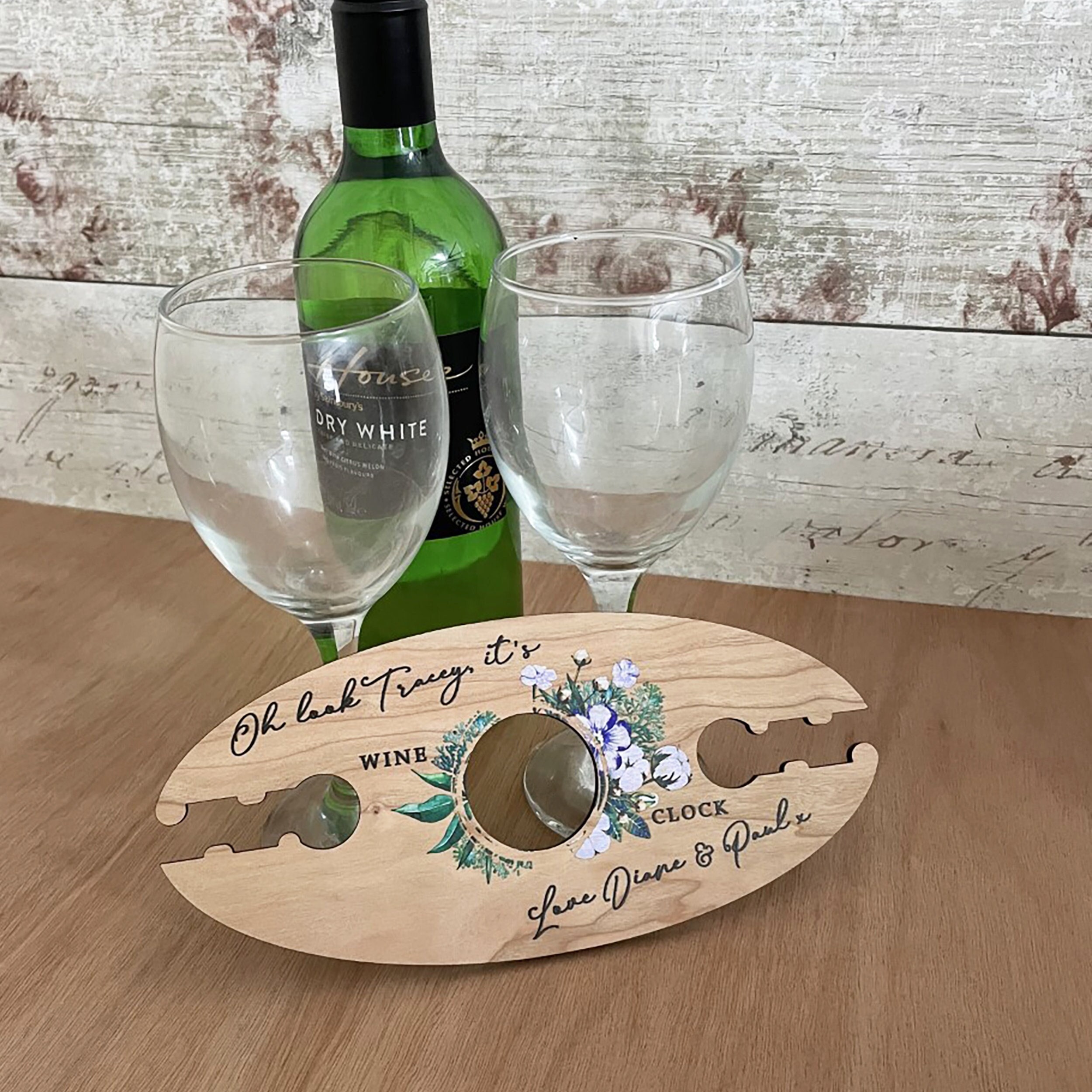 Personalised Wine Bottle & Glass Holder/Server Wedding or Birthday Gift Wooden