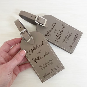 Leather Anniversary Luggage Tags, Personalised Luggage Label, 3rd Anniversary Gift for Couple, Travelling Together, His & Hers Luggage Label