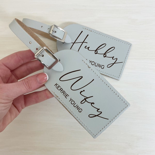 Hubby Wifey Gift, Pair of Personalised Luggage Tags, Leather Luggage Label, Wedding Gift for Newly Weds, Mr & Mrs Tags, Various Colours