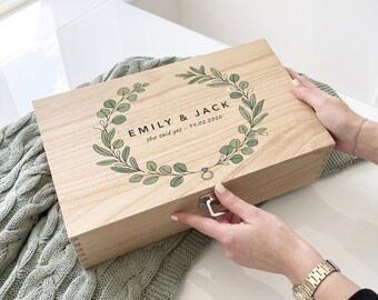 Engagement Gift Box | Personalised Engaged Couple Keepsake Box, Wooden Memory Box, He Asked She Said Yes, Congratulations Gift