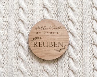 Baby Name Announcement - Wooden Sign with Personalised Engraving, New Baby Hello World Plaque, Social Media Reveal | Photography Prop