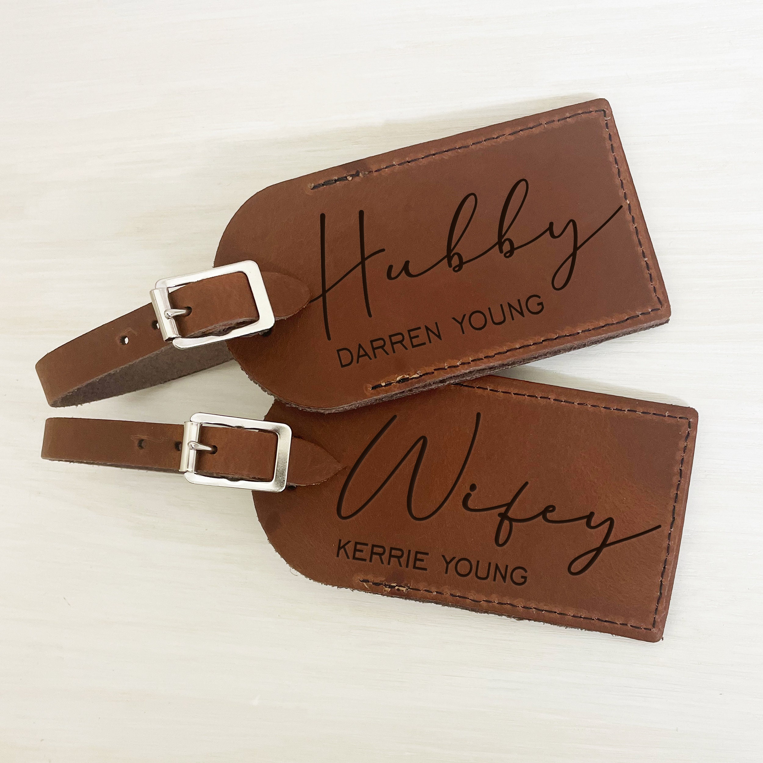 Hubby Wifey Gift Pair of Personalised Luggage Tags Leather Luggage Label Wedding Gift for Newly Weds Mr Mrs Tags Various Colours Etsy