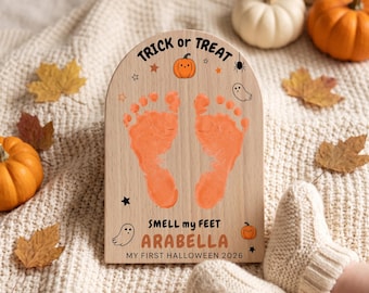 Personalised Baby’s First Halloween Footprint Sign - Trick or Treat Smell My Feet Keepsake, Wooden Baby Photo Prop