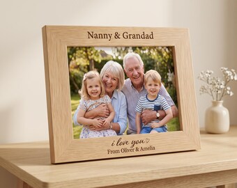 Personalised Nanny and Grandad Photo Frame, Engraved Wooden Grandparents Gift from Grandchildren