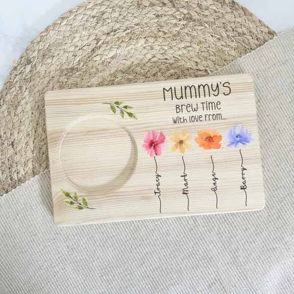 Bandeja de té y galletas personalizada para la abuela / Posavasos de madera con estampado de flores para nietos