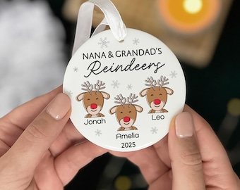 Grandparent Christmas Ornament, Personalised Bauble for Grandparents, Grandma & Grandad Xmas Tree Decoration, Reindeer Grandchildren