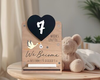 Mummy & Daddy Baby Countdown - Wooden Baby Announcement Plaque with Personalised Printing, Pregnancy Reveal Chalkboard, Stand and Chalk