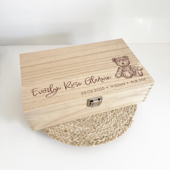New Baby Memory Box, Baby Keepsake Box for Newborn, New Baby Gifts, Teddy Bear Wooden Box For Baby, Baby Boy, Baby Girl Newborn Memory Boxes