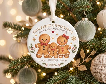 Personalised First Christmas as a Family Bauble, Gingerbread Family of 3 4 5 6, Ceramic Christmas Keepsake, New Parents Gift