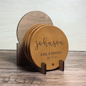 Quality Leather Coaster Set, Personalised Family Name Gift, Engraved Full Grain English Leather, 3rd Anniversary Gift