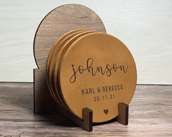 Quality Leather Coaster Set, Personalised Family Name Gift, Engraved Full Grain English Leather, 3rd Anniversary Gift