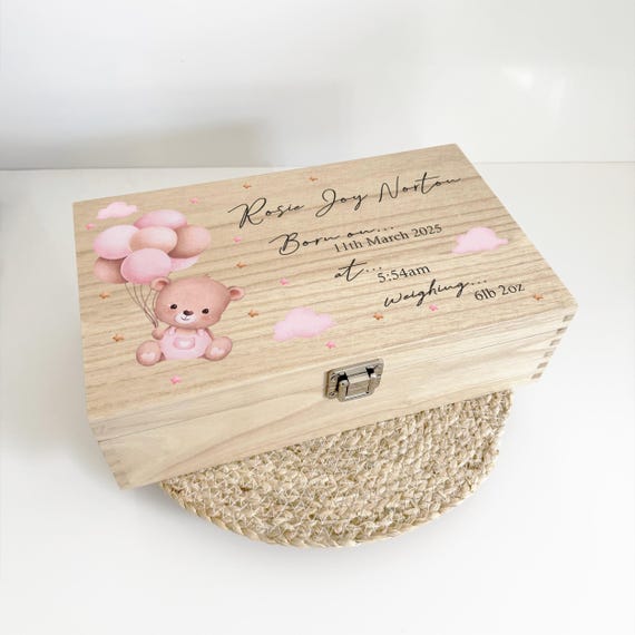 Baby Girl Keepsake Box, Baby Memory Box for Newborn, Pink Bear Baby Girl Wooden Box Gift, New Baby Gifts, Newborn Memory Box for New Parents