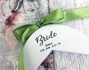 Coat Hangers and Ribbons - Natural or White Wooden Hangers with Personalised Engraving, Ribbon Colour Choices