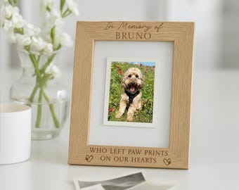 Pet Memorial Photo Frame | Personalized Pet Loss Gift, Wooden Dog & Cat Bereavement, Paw Prints On Our Heart