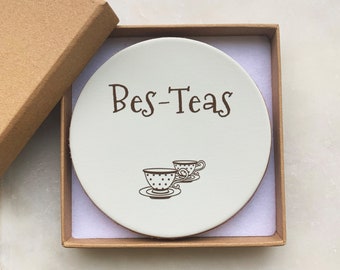 Handmade Genuine Full Grain Engraved Leather Drinks Coaster with Personalised Gift Box | Friendship Gift | Novelty Tea Lover Design