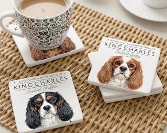 King Charles Spaniel Dog Coaster, Personalised Ceramic Pet Coaster, Coat Colour Choice, King Charles Cavalier Spaniel Print