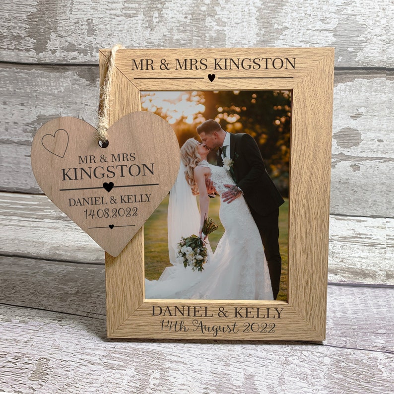 Wedding Gift - Wooden Wedding Day Photo Frame with Personalised Engraving, French Oak Veneer, Optional Heart Plaque 