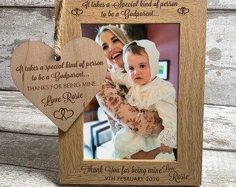 Godparent Gift - Wooden Godmother, Godfather Photo Frame with Personalised Engraving, French Oak Veneer, Optional Heart Plaque