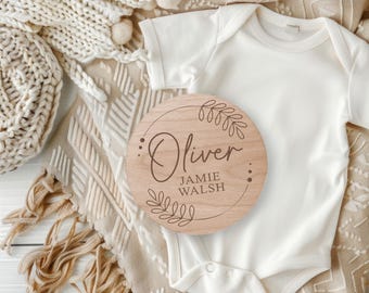 Baby Name Announcement - Wooden Sign with Personalised, New Baby Arrival Plaque, Social Media Reveal | Photography Prop