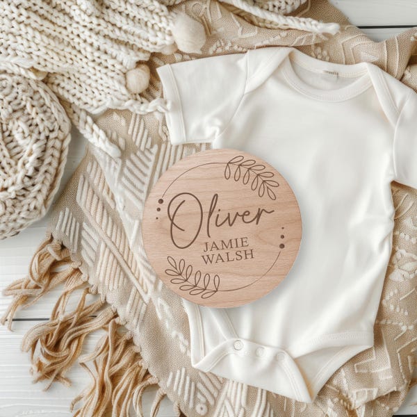 Baby Name Announcement - Wooden Sign with Personalised, New Baby Arrival Plaque, Social Media Reveal | Photography Prop