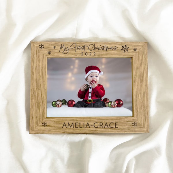 My First Christmas - Wooden Baby's 1st Xmas Photo Frame with Personalised Engraving, Christmas Baby 2023