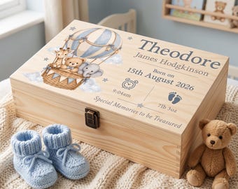 Baby Memory Box, Personalised Keepsake Box for Newborn Baby, Baby Boy Name Weight Gift, Wooden Box