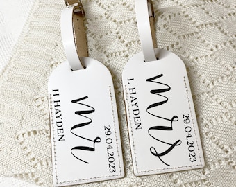 Wedding Luggage Tags, Personalised Leather Luggage Label, Mr & Mrs Gift for Wedding Day, Various Colours and Giftbox Option