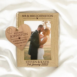 Wedding Gift - Wooden Wedding Day Photo Frame with Personalised Engraving, French Oak Veneer, Optional Heart Plaque