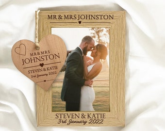 Wedding Gift - Wooden Wedding Day Photo Frame with Personalised Engraving, French Oak Veneer, Optional Heart Plaque