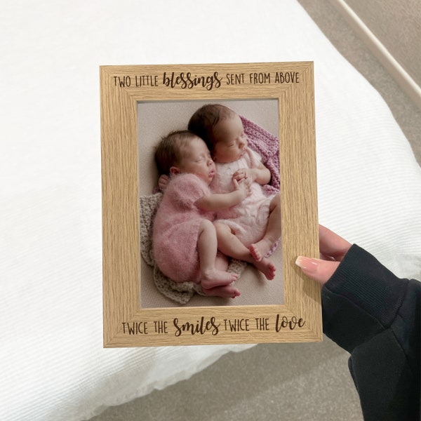 Twins Photo Frame, Engraved Wooden Frame for Twins, Baby Twin Arrival Gift, Expecting Twins Pregnancy Announcement Keepsake