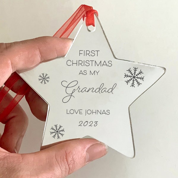 First Christmas as my Grandad, Personalised Xmas Bauble Gift for Grandpa, Engraved Hanging Star Present for Grandad 2023