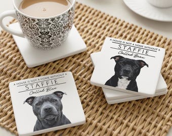 Staffie Dog Coaster, Personalised Ceramic Pet Coaster, Staffy Coat Colour Choice, Staffordshire Bull Terrier Print