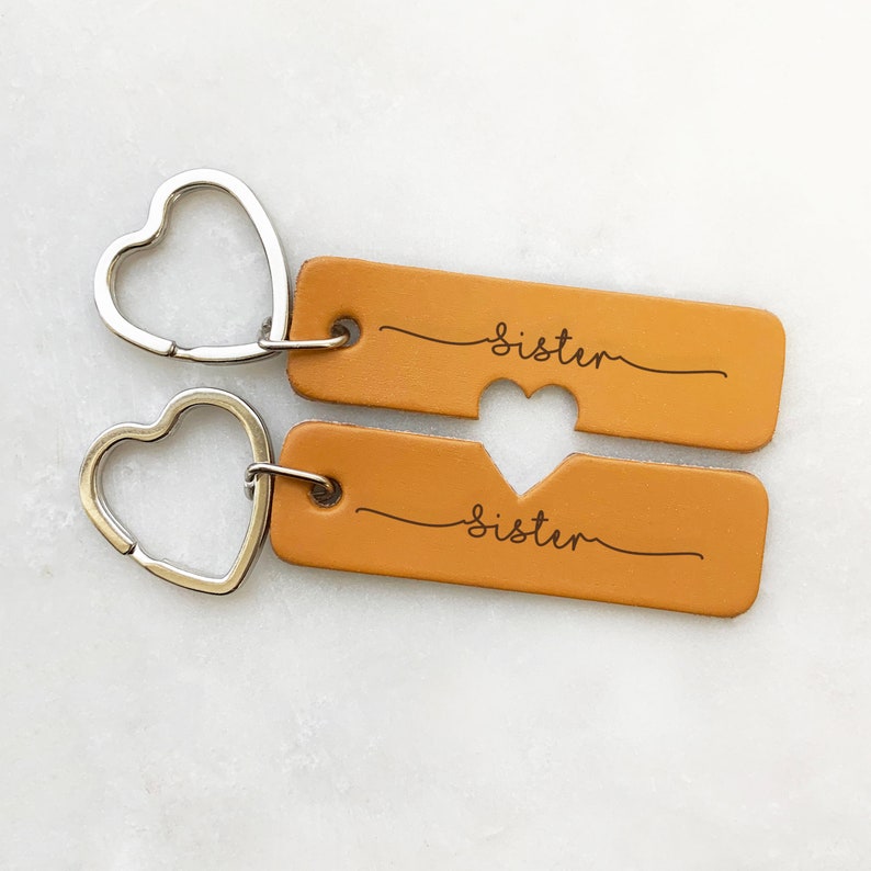 Sister Gift - Pair of Engraved Genuine Leather Keyrings, Choice of Colours, Optional Gift Bag or Box 