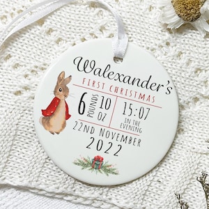 Personalised First Christmas Decoration, Baby's 1st Xmas Hanging Ceramic Bauble with Baby Birth Details, Optional Gift Box, Colour Choice image 1