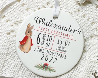 Personalised First Christmas Decoration, Baby's 1st Xmas Hanging Ceramic Bauble with Baby Birth Details, Optional Gift Box, Colour Choice